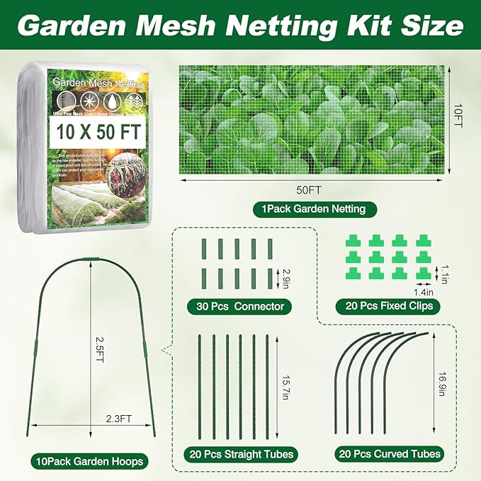 Garden Netting Kit 10 X 50FT Garden Netting Pest Barrier with 10 Sets Garden Hoops and 20pcs Clips Insect Netting Row Cover for Raised Beds Vegetable Fruits Flowers Protection
