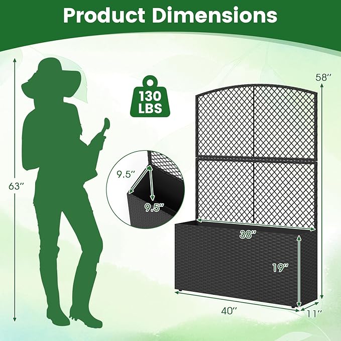 BECOMFORT 58”H Raised Garden Bed with Trellis Tall Wicker Planter Box with Privacy Screen Liner &amp Drainage for Balcony Yard PE Rattan Outdoor Flower Box for Climbing Plants Vegetables &amp Fl