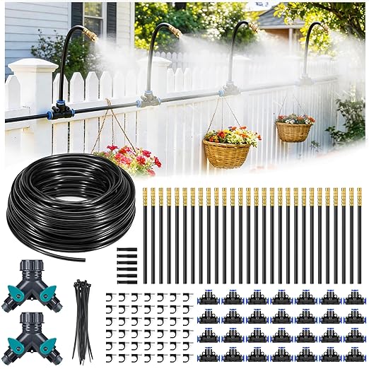 HIRALIY 360° Adjustable Drip Irrigation System 165FT 1/4 Tubing with Adjustable Copper Nozzles Automatic Atomizing Watering Kit for Garden Yard Lawn Greenhouse &amp Potted Plants