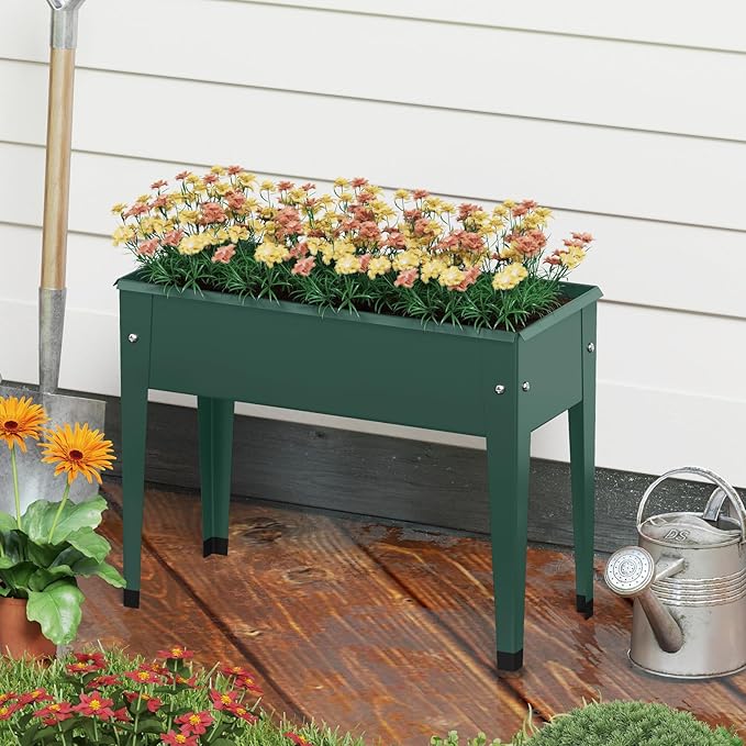 2 Pcs Raised Garden Bed with Legs 24 x 11 x 18 Inch Metal Elevated Planter Box w/Drainage Hole for Flowers Herbs Standing Raised Planter Bed for Indoor Outdoor Balcony Patio Backyard Green