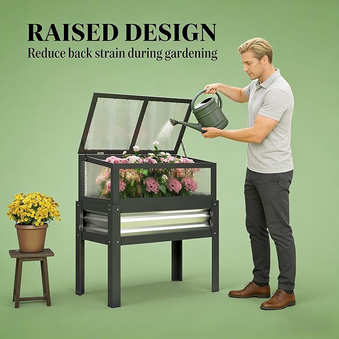 Elevated Raised Garden Bed with Flip-Up Mini Greenhouse Top – Wood Planter Box for Flowers Vegetables &amp Herbs – Weather-Resistant Outdoor Galvanized Metal Frame (Gray)