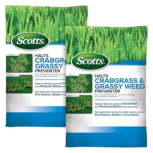 Scotts Halts Crabgrass &amp Grassy Weed Preventer Pre-Emergent Weed Control Treats up to 10000 sq. ft20.12 lb. (2-Pack)