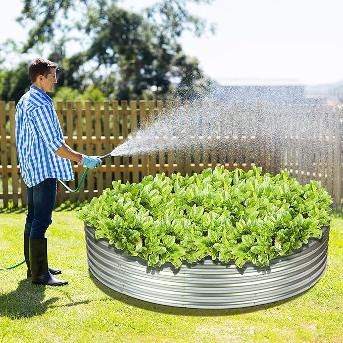 OUSHENG 4x4x1ft Round Galvanized Raised Garden Beds Outdoor Steel Fire Pit Ring Flower Planter Large Metal Above Ground Boxes Kit for Gardening Vegetables Outside
