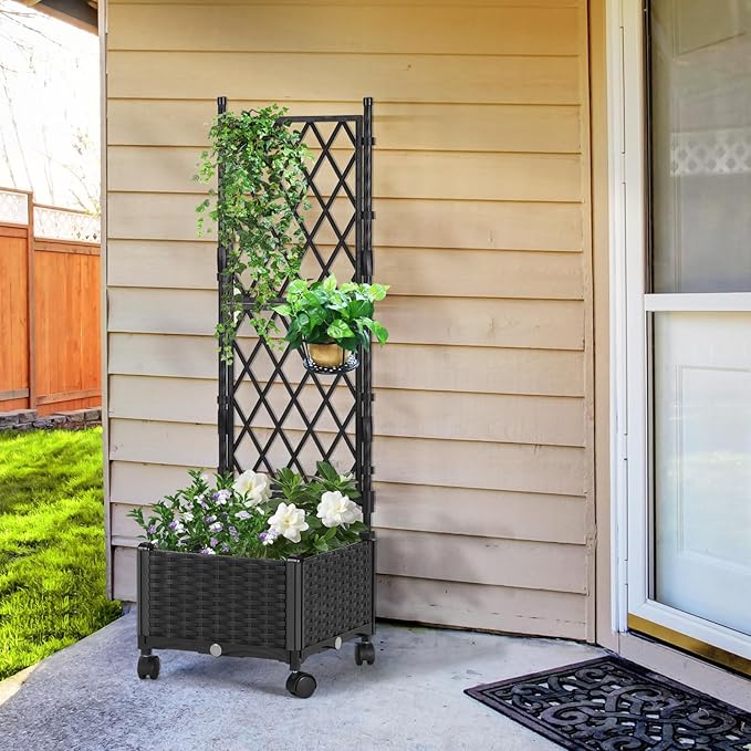 Planter Box with Trellis 4ft Tall Self-Watering Plastic Raised Garden Beds and Lattice Trellis with Lockable Wheels &amp Drain Plug for Outdoor Patio Backyard Balcony Black 1 Pc