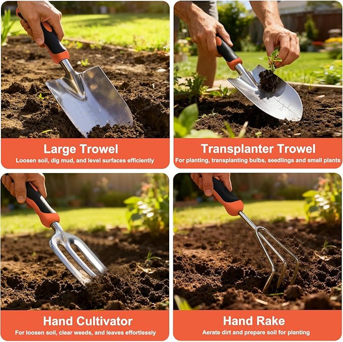 Yesker Gardening Tools 9-Piece Heavy Duty Garden Tool Set Gardening Supplies Gifts for Women Men Gardening Hand Tool Kit with Non-Slip Ergonomic Handle Garden Bag Durable Gloves and Shears Orange