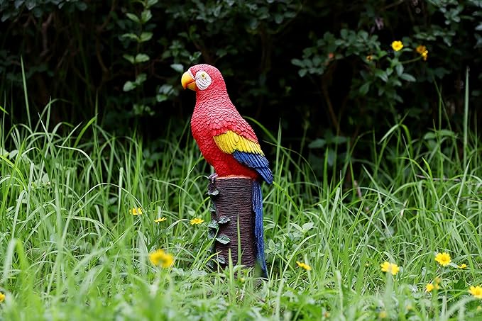Techko Decorative Red Parrot Outdoor Garden Statue Waterproof Solar LED Spotlight Tropical Tiki Decor