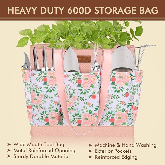 Gardening Tools - YAUNGEL 10 Pcs Garden Tool Set Heavy Duty Stainless Steel Gardening Supplies Hand Tools with Wooden Handle Storage Tote Bag Ideal Garden Gifts for Women and Men Pink