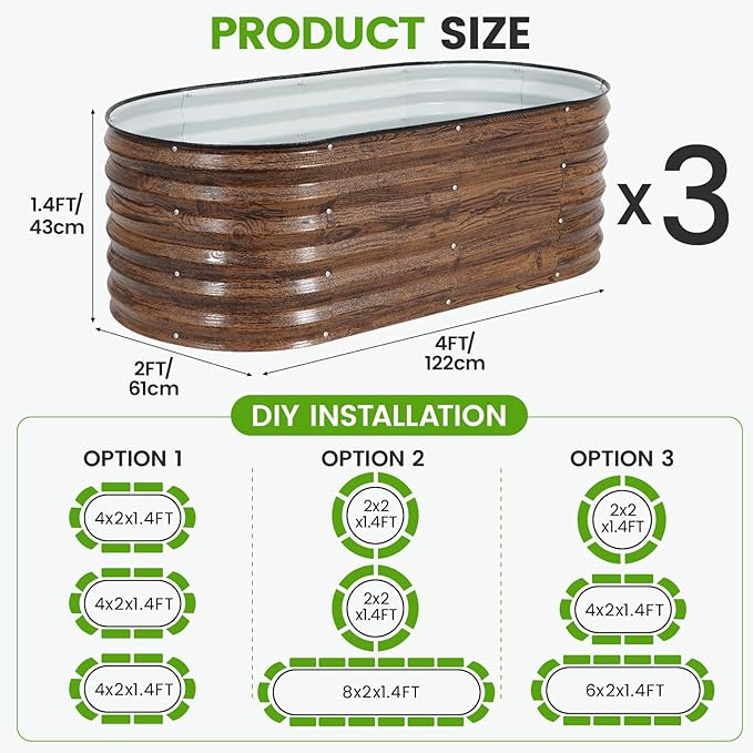 Galvanized Raised Garden Bed Outdoor |17'' Tall Planter Box Outdoor for Deep Root Plants | 3Pcs Raised Bed Kit for Gardening with Rubber Strip for Vegetables Flowers Fruits (Grain 4x2x1.4FT)