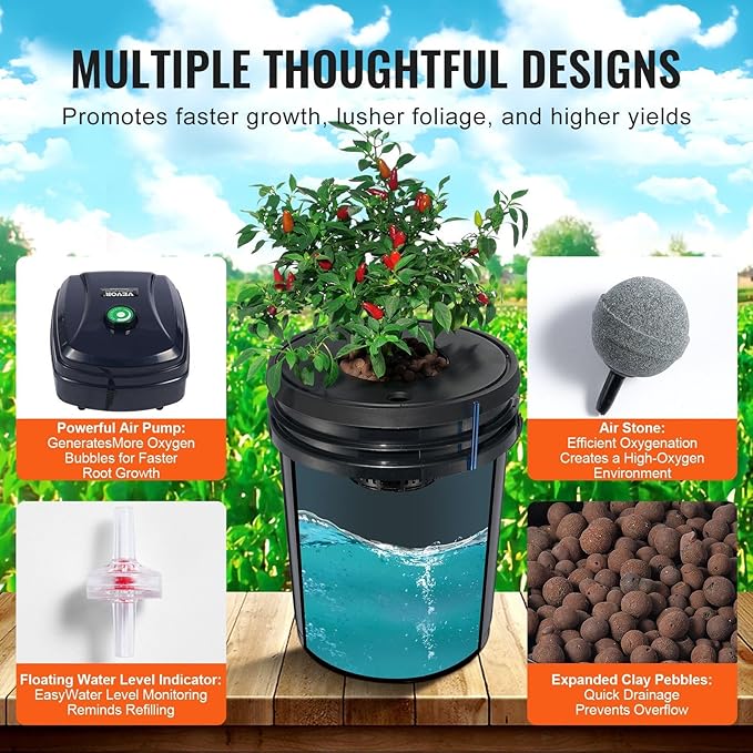 DWC Hydroponic System 5 Gallon 4 Buckets Deep Water Culture Growing Bucket Hydroponics Grow Kit with Pump Air Stone and Water Level Device for Indoor/Outdoor Leafy Vegetables