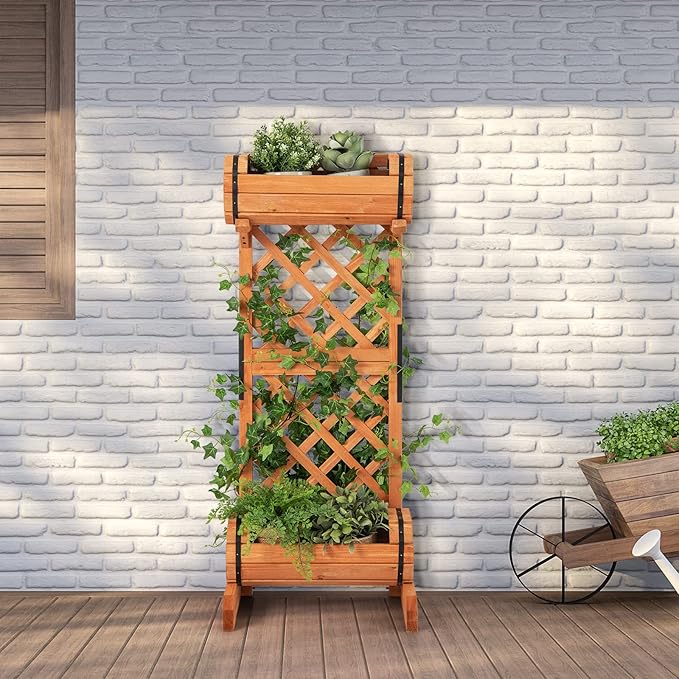 S AFSTAR Raised Garden Bed with Trellis Outdoor Wood Garden Planter W/ 2-Tier Round Planter Box &amp Trellis for Vine Climbing Plants Growing Vertical Plant Container for Garden Patio Balcony Oran