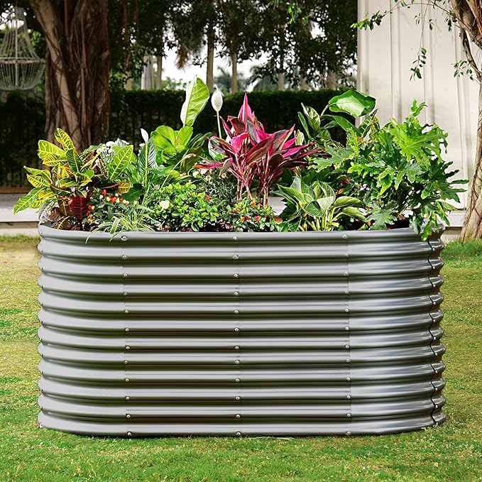 Land Guard 6x3x3ft Oval Galvanized Raised Garden Beds Large-Capacity Metal Planter Box Outdoor Durable Deep Raised Garden Bed 3ft Tall Raised Beds for Gardening Vegetables Modern Gray