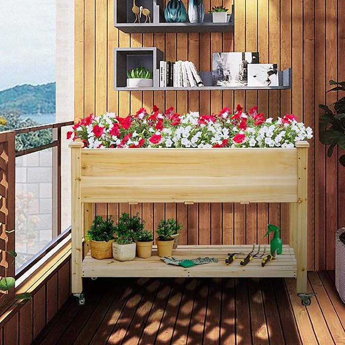 COSTWAY Raised Garden Bed with Wheels Wood Planter Box with Storage Shelf for Vegetables Flowers &amp Herbs Elevated Garden Planter Bed for Backyard Patio Balcony 47.5”L x 23.5”W x 33”H