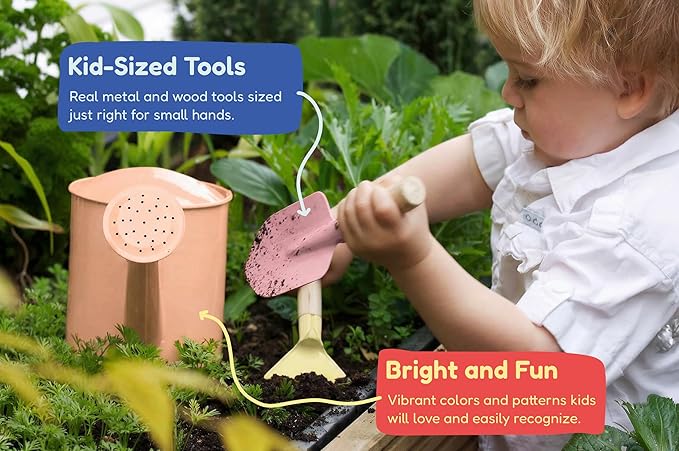 Gardening Set Tool Kit for Kids STEM Includes Tote Bag Spade Watering Can Rake Fork Trowel and Gloves Egg Hunt