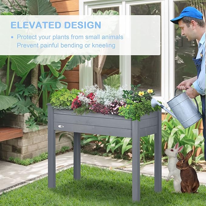 Raised Garden Bed with Legs 34 x 18 x 30 Elevated Wooden Planter Box Self Draining with Bed Liner for Vegetables Herbs and Flowers Backyard Patio Balcony Use Dark Gray
