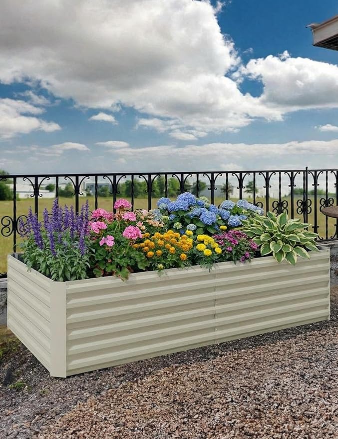 2-Pack Large Metal Raised Garden Beds (6x3x2FT) – Outdoor Planter Box for Vegetables Flowers &amp Herbs Deep Root Space Easy Assembly Beige