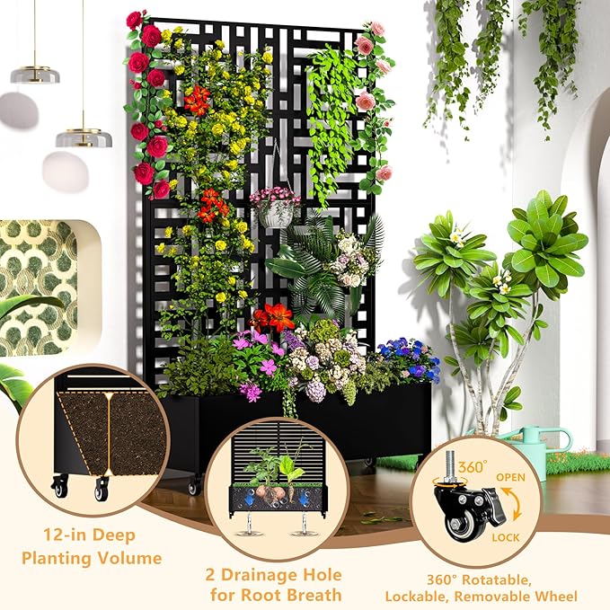 Metal Planter Box with Trellis 72.1x47.2x16 Outdoor Galvanized Raised Garden Bed with Privacy Screen &amp Drainage Holes &amp Lockable Casters for Climbing Plants Vegetable (Street-Black1)