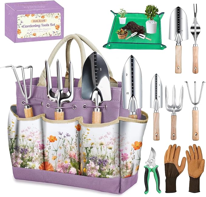 Gardening Tools 9-Piece Heavy-Duty Garden Tools Set Stainless Steel Garden Hand Tools with Purple Floral Tote Bag and Repotting Mat Garden Supplies Kit Gifts for Women