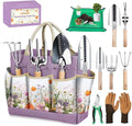Gardening Tools 9-Piece Heavy-Duty Garden Tools Set Stainless Steel Garden Hand Tools with Purple Floral Tote Bag and Repotting Mat Garden Supplies Kit Gifts for Women