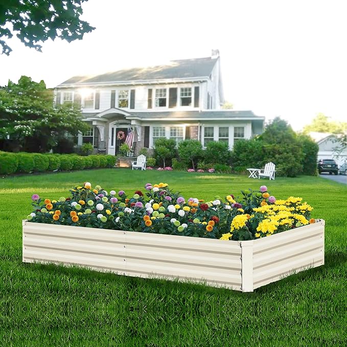 Raised Garden Bed Beige 6x3x1ft Galvanized Raised Garden Bed Outdoor Metal for Gardening Vegetables Flower Garden Planter Box Large Raised Bed with Gloves and 3ftx30ft Weed Barrier Fabric