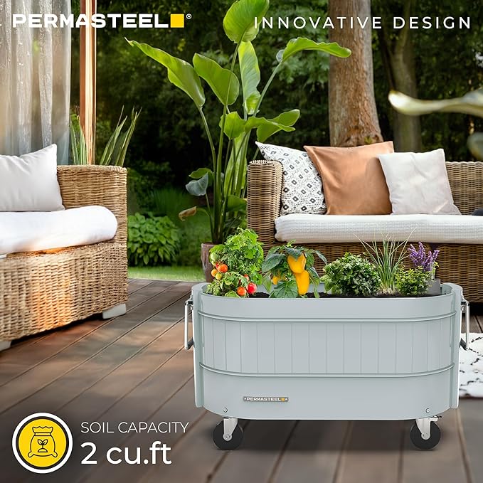 Permasteel Self-Watering Garden Bed Rolling Planter for Vegetables Flowers Herbs and Fruit Outdoor Indoor Caster Wheels Blue