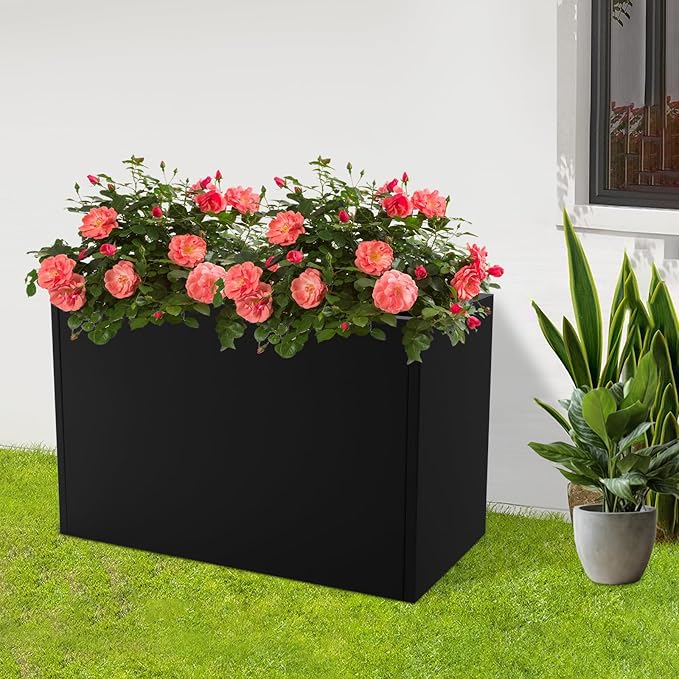 Metal Planter Box Outdoor Raised Garden Bed Steel Planter Box with Detachable Insert Shelf Metal Garden Box with Drainage Hole for Patio Deck Backyard Garden (Black)