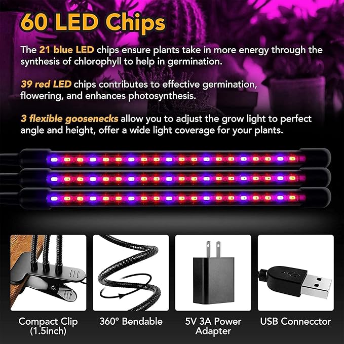 iPower iPower 15W Triple Head LED Grow Light with Auto ON/Off 3 9 12H Timing Red Blue Spectrum Adjustable Gooseneck Lamp 11 Dimmable Levels for Indoor Plant