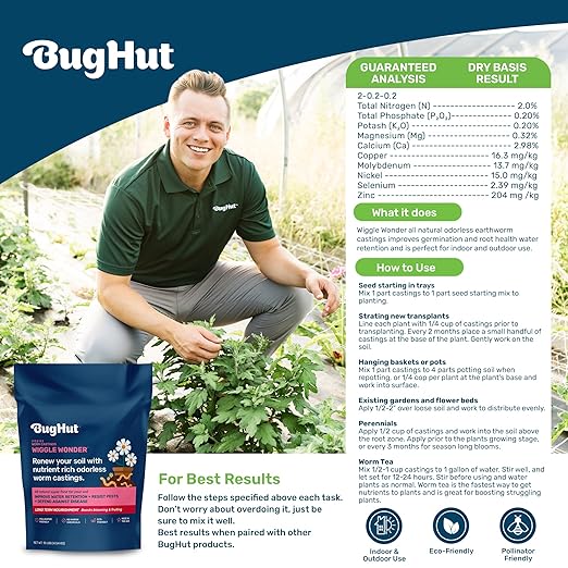 BugHut Wiggle Wonder Organic Worm Castings for Plants - Nourishing Plant Food Enhances Soil Structure Retains Moisture Ideal for Indoor and Outdoor Plants Vegetables Herbs Flowers - 10 lb Bag