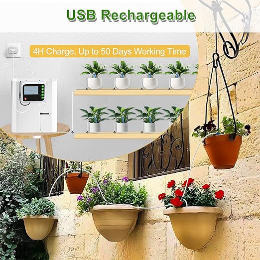 PChero Automatic Drip Irrigation System Kit Indoor Plant Self Watering System Devices for 15 Potted Plants USB Charging Plant Waterer Indoor with Timer Buzzer and Water Sensor for Vacation