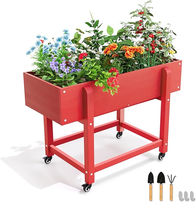 LUE BONA Raised Garden Bed with Wheels 39.4 * 16.7 * 28 in Poly Elevated Outdoor Planter Box with Tools Weather Resistant Standing Growing Bed Herb Planter for Vegetable Flowers Fruits