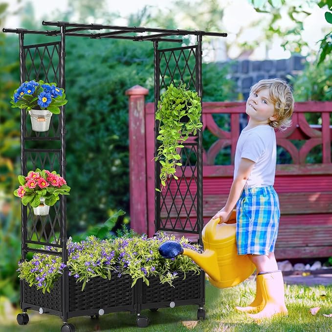 Planter Box with Trellis Outdoor 53.1in Plastic Raised Garden Bed with Trellis Hanging Roof for Vine Flower with Lockable Wheels &amp Drain Plug for Patio Backyard Balcony Black 1 Pc