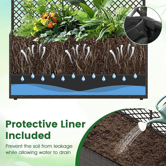 Byroce Raised Garden Bed PE Rattan Planter Box with Lattice Trellis Liner &amp Drainage Outdoor Standing Privacy Planter for Patio Balcony Climbing Plants &amp Hanging Flower (1 Brown 40” x 11”