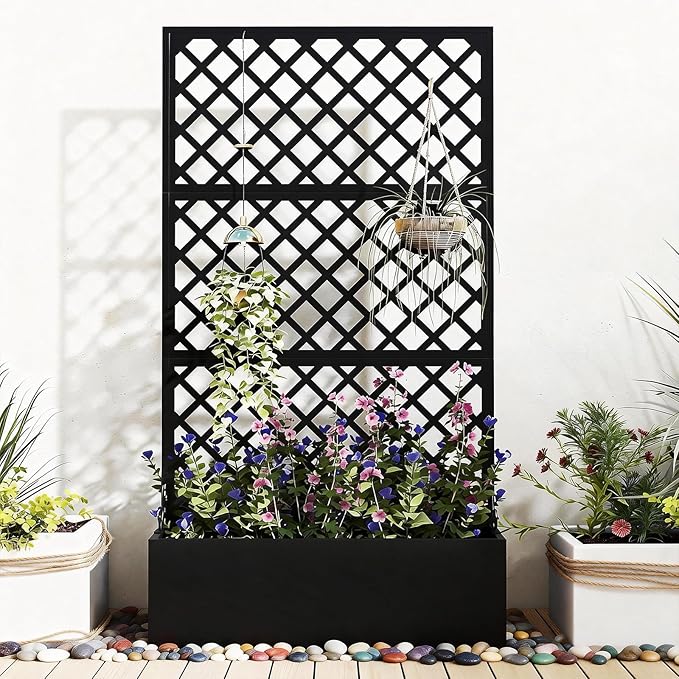 Metal Raised Garden Bed with Trellis Privacy Screen Planter Box for Climbing Plants 40 x 12 x 71 Inches Outdoor Standing Flower Bed with Drainage (Diamond)