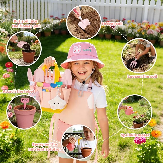 Kids Gardening Tools SetGardening Tools for KidsToddler Gardening Tools with Gloves Watering Can Metal Shovel Rake Spade &amp Storage Bag Garden Book and More Educational STEM Learning for Gir