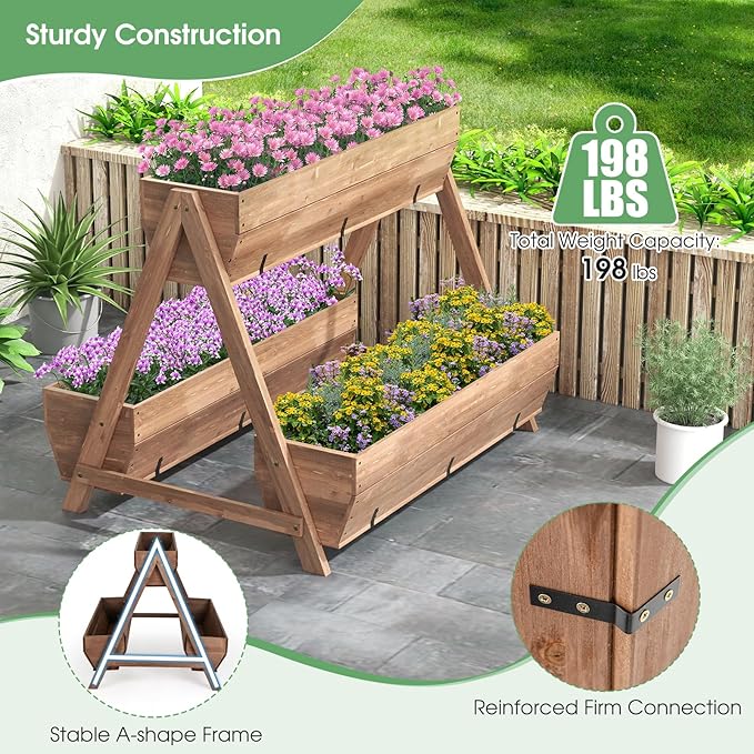 Giantex Vertical Raised Garden Bed 3 Large Wood Planter Boxes for Flower Vegetable Fruit Herb Freestanding Planter with Drain Holes Elevated Raised Beds for Indoor Outdoor Lawn Patio Yard Brown