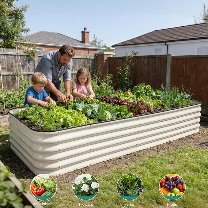 5 in 1Galvanized Raised Garden Bed - 8x3x1.4ft Modular Garden Planter Bed Outdoor | Steel Raised Bed Kit with Bracing Rods Gloves for Gardening Vegetables Fruits and Flowers - White