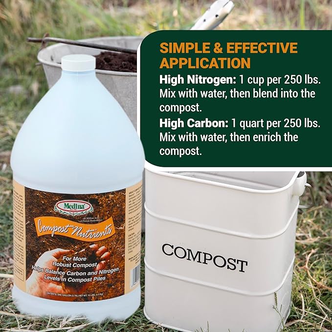 Medina Compost Nutrients - Compost Activator &amp Accelerator for Soil Improvement with Composting Cultures Balances Elements Maintains pH – Ideal for Garden Compost. 1 Quart Treats up to 250 lbs.