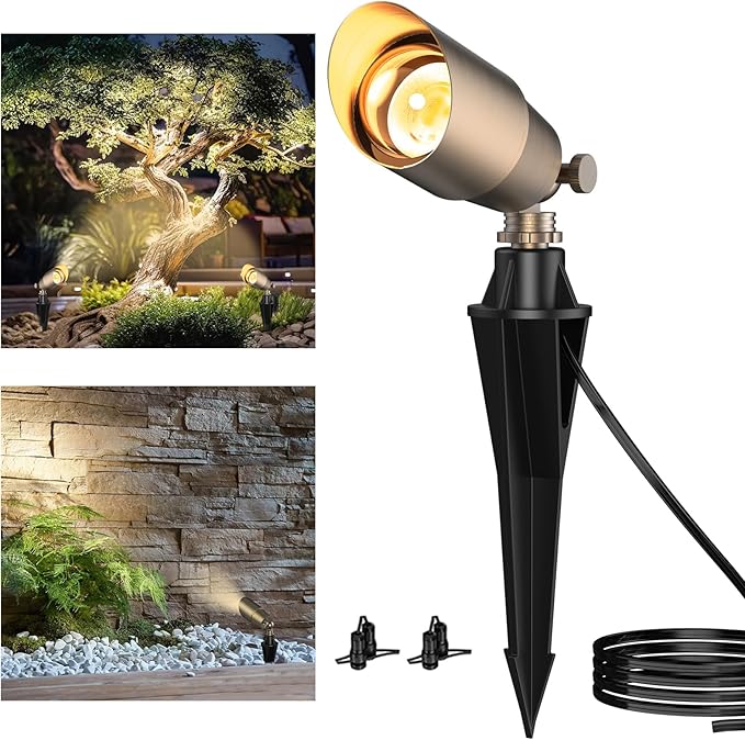 ZONEGRACE Solid Brass Outdoor Uplights &amp Accent Light Fixtures Heavy Duty 12V Low Voltage LED Landscape Lighting Bronze Wired Spot Light for GardenLawnPatio and Yard with LED Bulb (1 Pack)