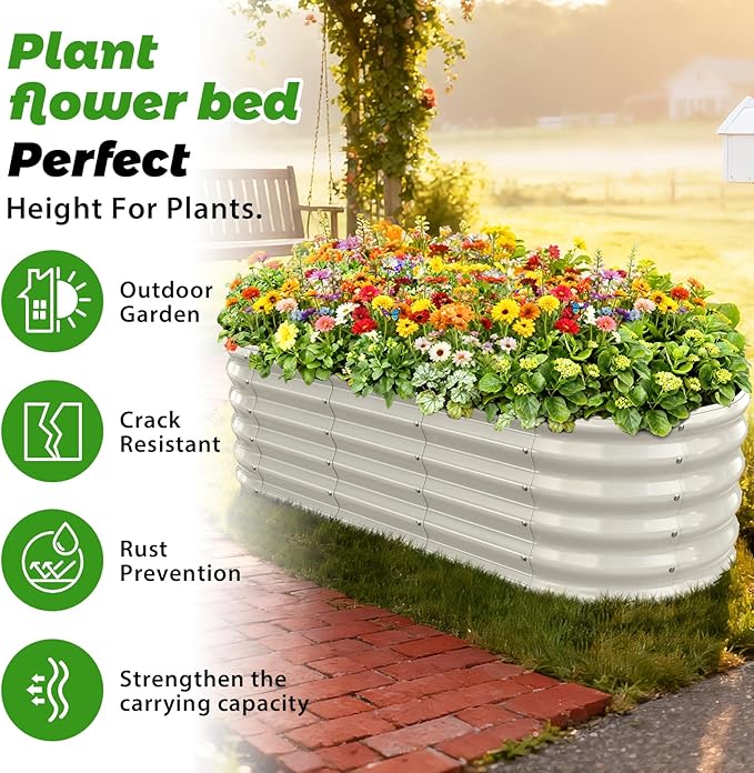 17 Tall Outdoor Garden Raised Garden Bed Kits 5ft X 2ft Oval0.8MM Thick Metal Raised Planter Bed/Ground Planter Box for Variety of FlowersHerbsVegetables (Cream White 60X24X16.5 Inches)