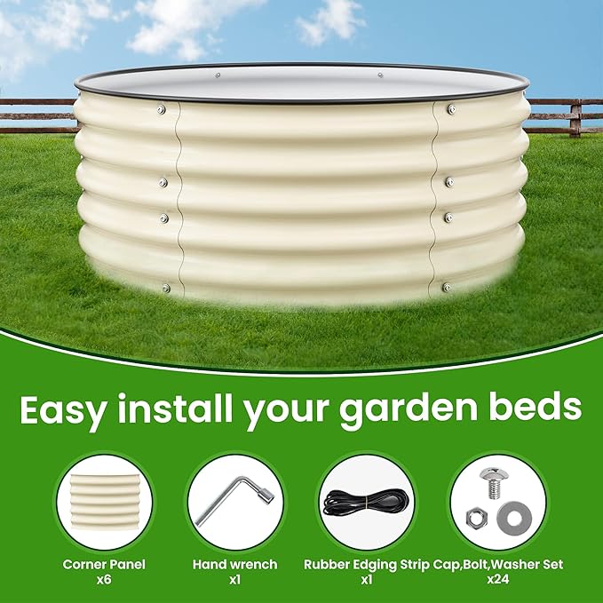 17'' Tall Round Raised Garden Bed Kit Outdoor Zinc-Aluminum-Magnesium Metal Flower Beds Stainless Steel Patio Ground Planter for Planting Vegetables (Ivory)