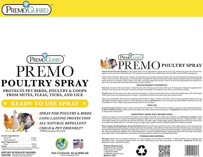 Premo Guard Poultry Spray - 32 oz - Kill Scaly Leg Mites Fleas Lice &amp Other Pest on Chickens and in Coops - Natural Plant Based Oils for Control &amp Prevention - Family Safe with No Egg Wit