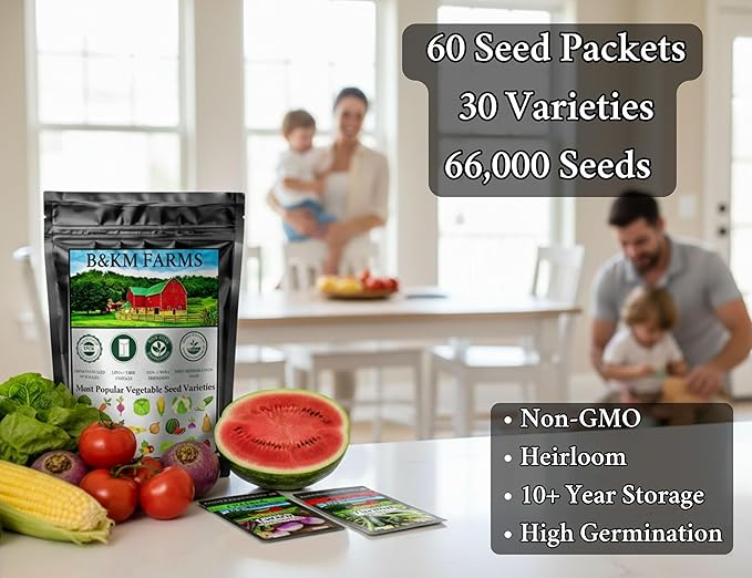 B&ampKM Farms Vegetable Seed Collection - 30 Varieties 60 Packets 66000+ Heirloom Non-GMO Seeds Resealable Storage Packaging (60 Pack: The Family Garden Bank)