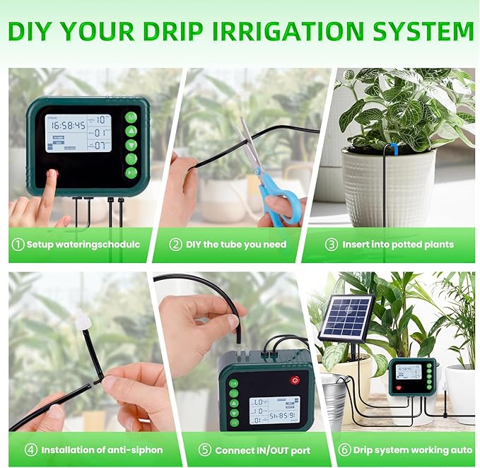 Solar Automatic Drip Irrigation Kit SystemAutomatic Plant Watering Devices Programmable Water TimerLED Display for 15 Potted Plants Outdoor Indoor Garden Balcony Vacation
