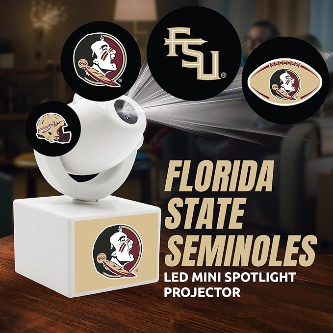 Sporticulture NCAA American Football Florida State - Adjustable Led Mini Spotlight Projector with 6 Team Logo Designs - Portable &amp Rechargeable Spotlight - Battery-Operated - 4.375” x 3.125”