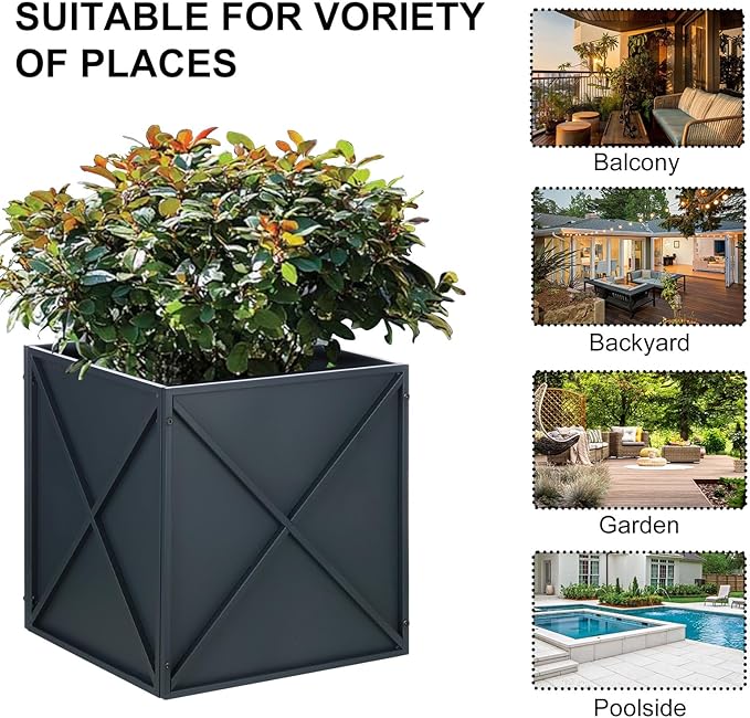 SUNNYPARK Large Metal Planter Box 17”x 17”x 18” Square Modern Grey Metal Planter Box Heavy Duty with Drainage Holes for Outdoor Garden Patio