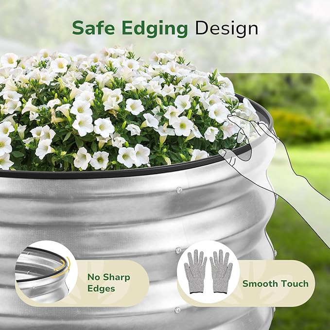 GreatBuddy 2x2x1 ft Round Galvanized Raised Garden Bed Easy-Assembly Raised Bed with Anti-Cut Gloves &amp Tools Rust-Proof Garden Bed for Outdoor Vegetables Herbs Small Trees Silver