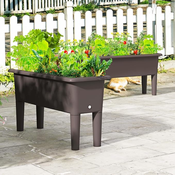 Giantex Raised Garden Beds Outdoor Set of 2 Self-Watering Planter Box with Detachable Legs &amp Drainage Hole Outdoor Raised Container for Vegetable Fruit Herbs 31.5”Lx12”Wx16”H Easy Assembly (Br
