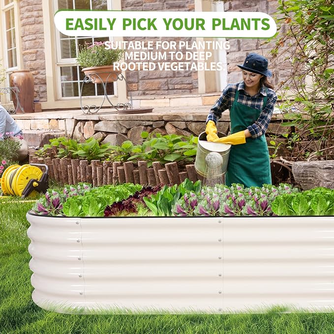 Galvanized Raised Garden Bed - 6x2x1.4FT Metal Planter Boxes Outdoor | Oval Steel Raised Bed Kit for Gardening with Protective Tape Gloves for Vegetables Flower Herb (White)