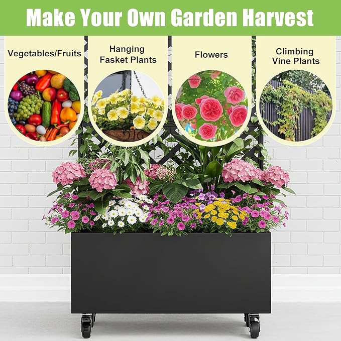 72 Metal Planter Box with Trellis Tall Outdoor Planter Box Raised Garden Bed on Wheels for Climbing Plants Outdoor Flower Planter with Drainage &amp Lockable Casters