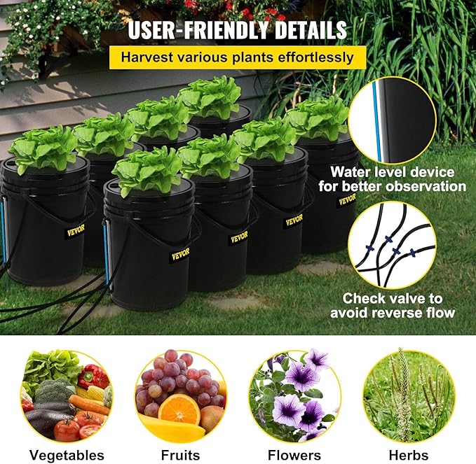 DWC Hydroponic System 5 Gallon 8 Buckets Deep Water Culture Growing Bucket Hydroponics Grow Kit with Pump Air Stone and Water Level Device for Indoor/Outdoor Leafy Vegetables