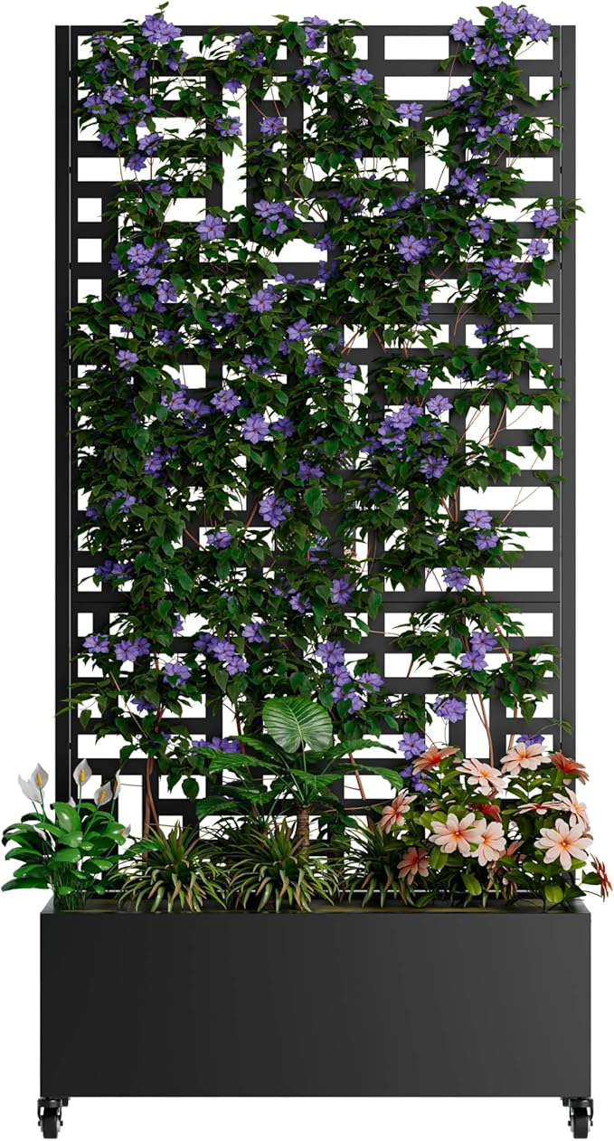 Metal Planter Box with Trellis &amp Wheels Outdoor Privacy Planters for Patio Mobile Raised Garden Bed with Trellis for Climbing Plants Balcony &amp Backyard (Black 4)